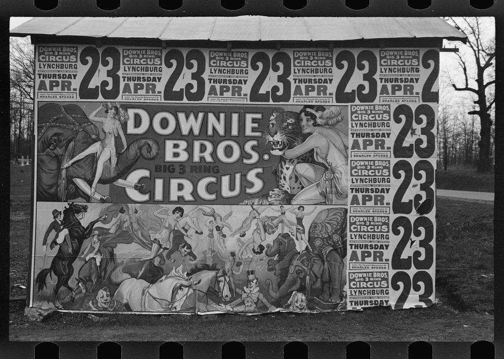 [Posters covering a building near Lynchburg to advertise a Downie Bros. circus]. Sourced from the Library of Congress.
