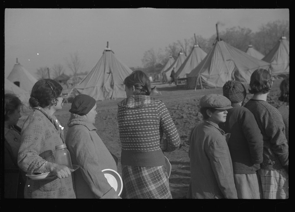 [Untitled photo, possibly related to: Refugees lined up at meal time in the camp for white flood refugees in Forest City…