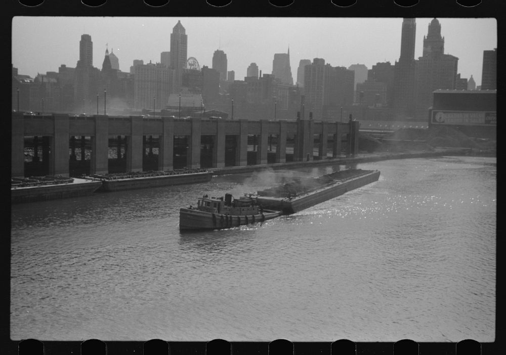 [Untitled photo, possibly related to: Coal barge in Chicago River, Chicago, Illinois]. Sourced from the Library of Congress.