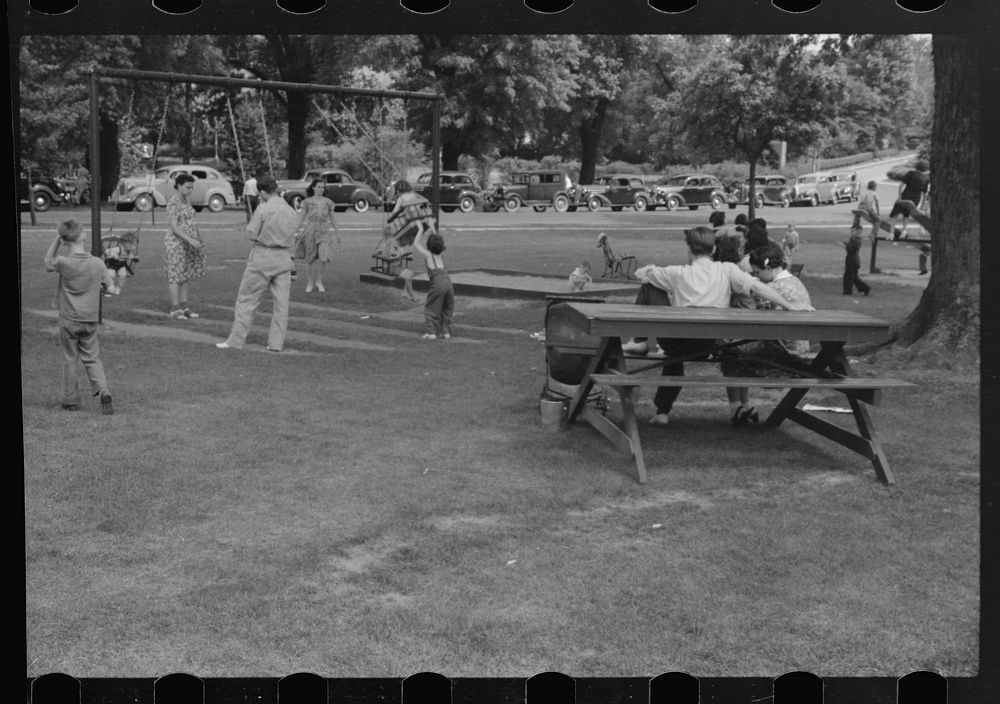 [Untitled photo, possibly related to: Sunday afternoon picnic in park. Vincennes, Indiana]. Sourced from the Library of…