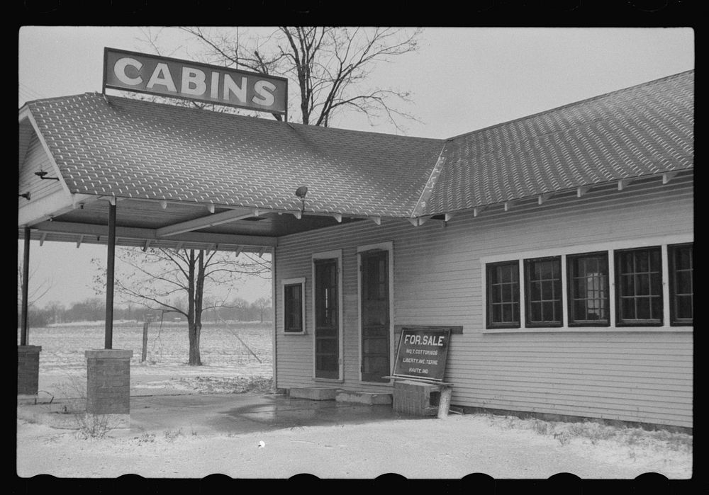 Gas station and cabins for sale. U.S. 40, Brazil, Indiana. Sourced from the Library of Congress.