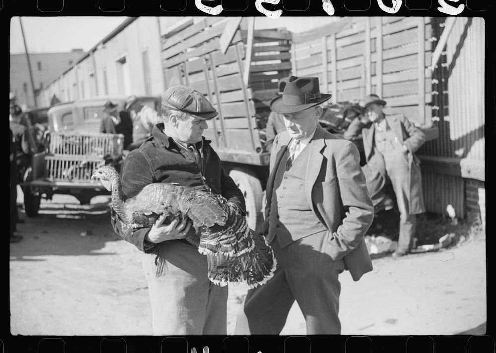 Farmer talking with with another farmer who has just purchased a turkey. Outside tobacco warehouse where auction sales are…