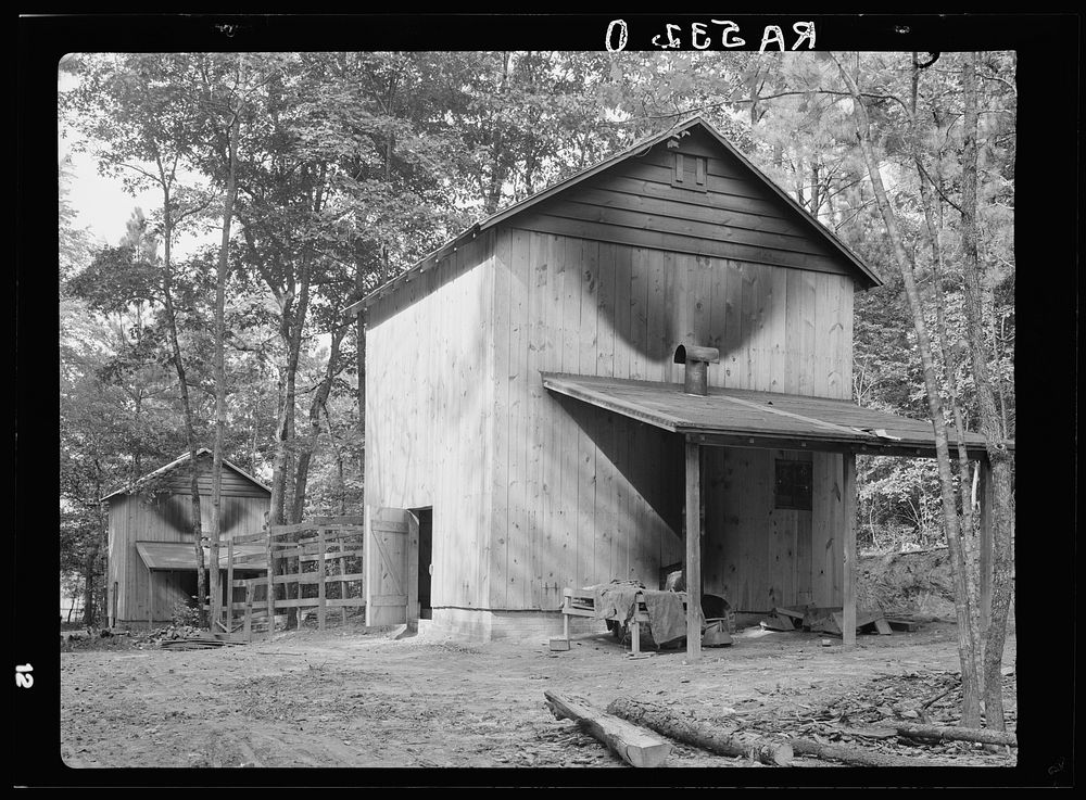 New tobacco barn, constructed through funds advanced by Resettlement Administration. Fuquay Springs, North Carolina. Sourced…