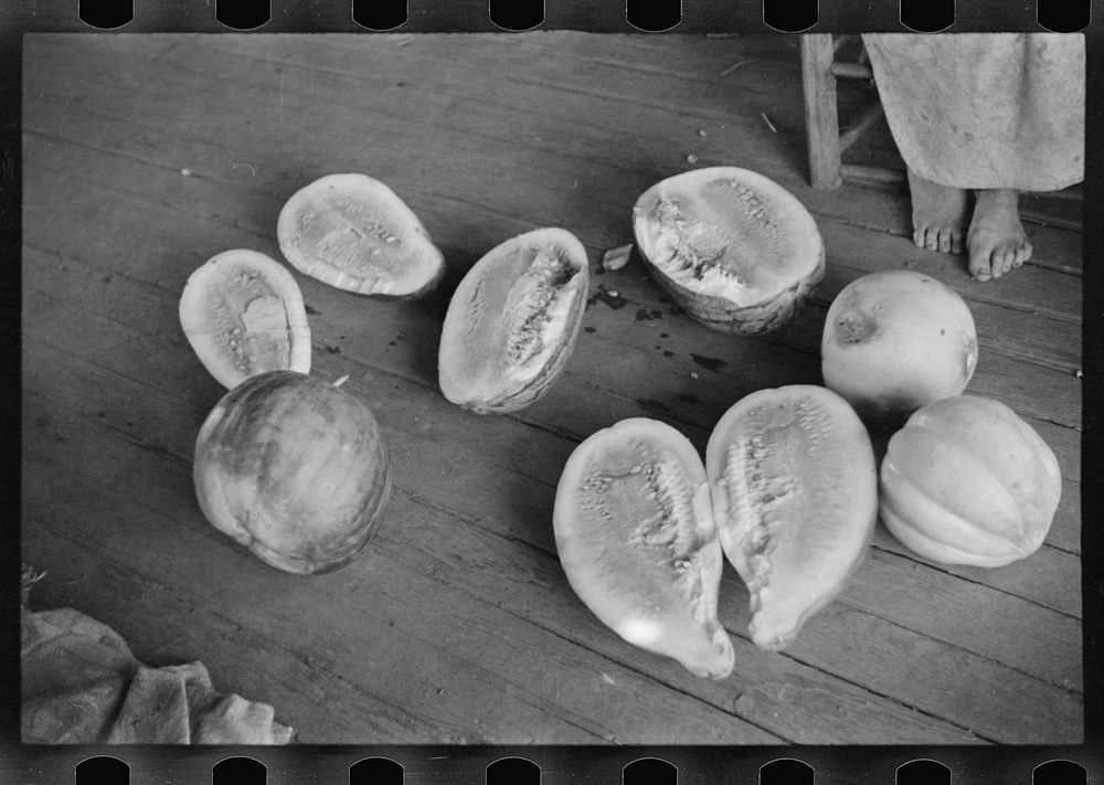 Melons on Frank Tengle's porch. Hale County, Alabama. Sourced from the Library of Congress.