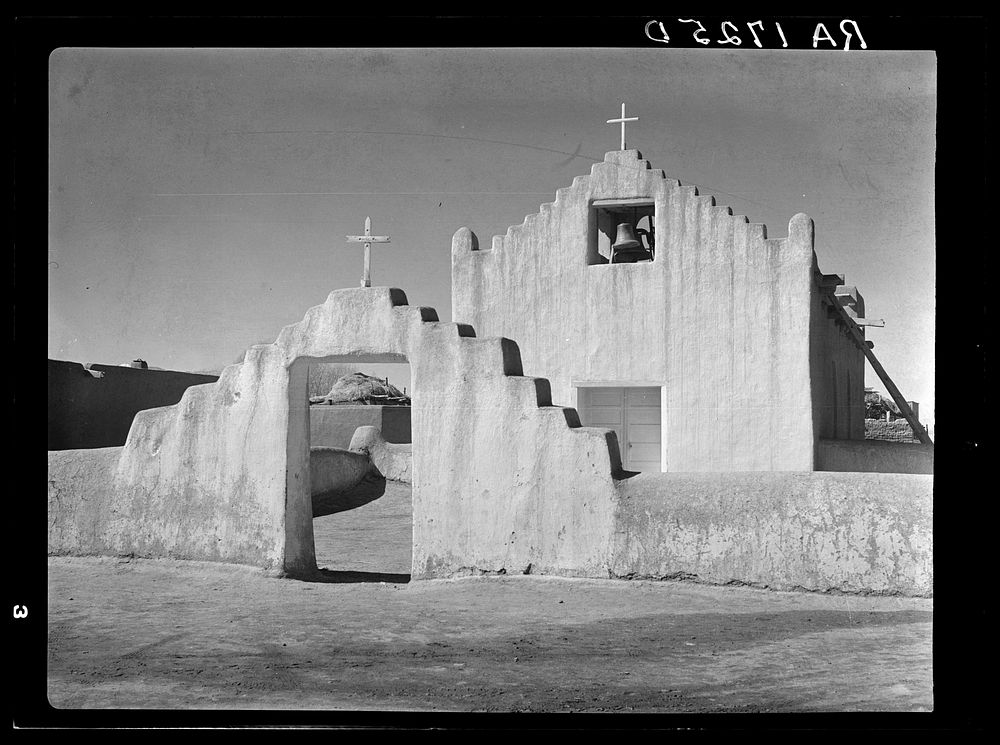 Old Spanish mission church at Taos Pueblo, New Mexico. Sourced from the Library of Congress.