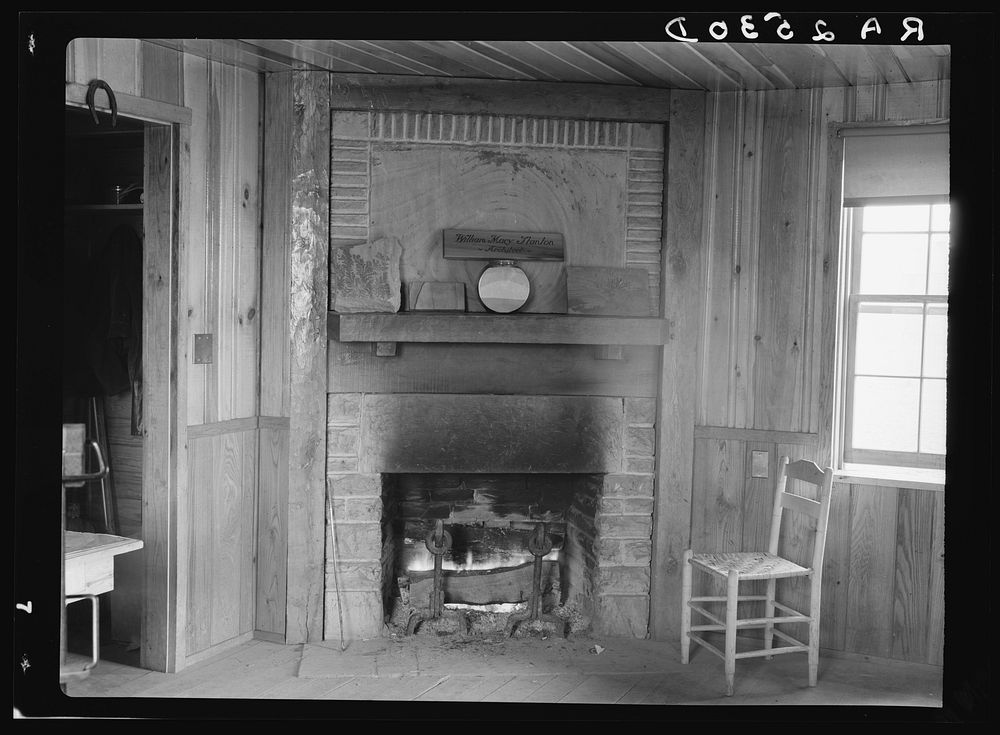 Fireplace in office of Cumberland Homesteads. Crossville, Tennessee. Sourced from the Library of Congress.