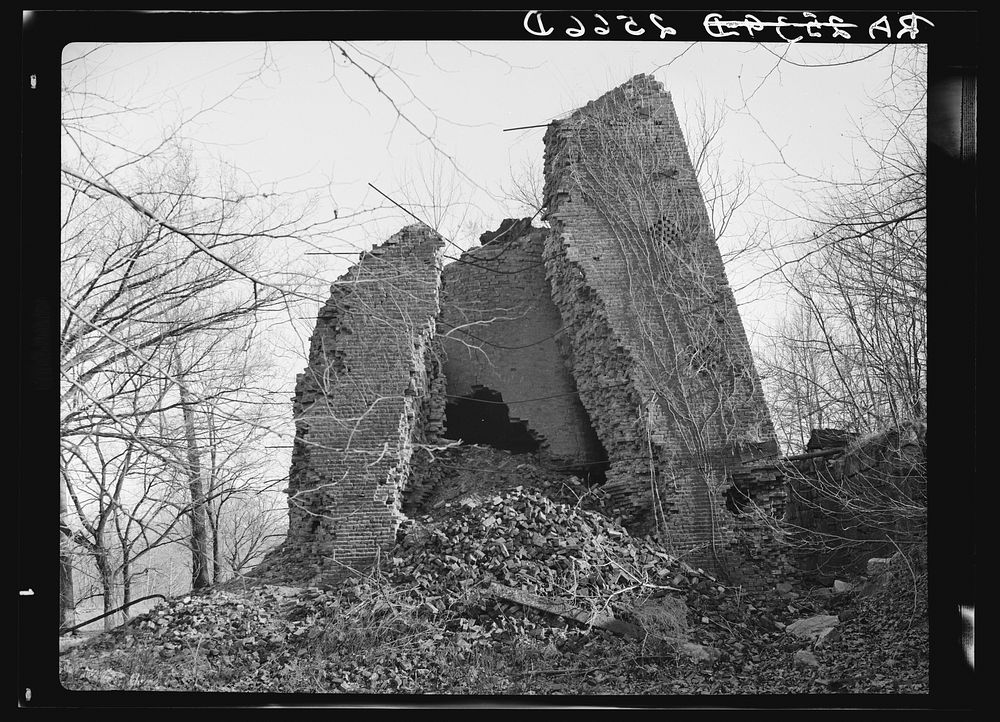 Remnants of the old iron center furnace of Hickman County on the Coalins Forest and Game Reservation. Kentucky. Sourced from…