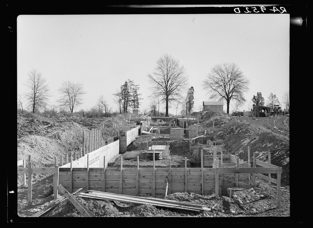 Progress of the first housing unit at the Berwyn project. Showing the manner of foundation. Maryland. Sourced from the…