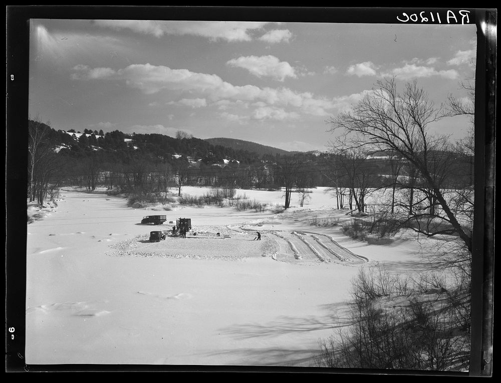 Cutting ice on the Ottauquechee River. Coos County, New Hampshire. Sourced from the Library of Congress.