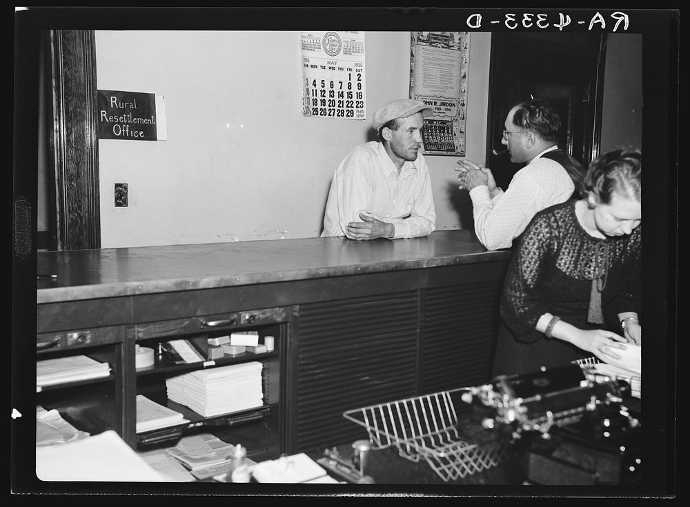Farmer making application for loan at United States Resettlement Administration office. Alliance, Nebraska. Sourced from the…