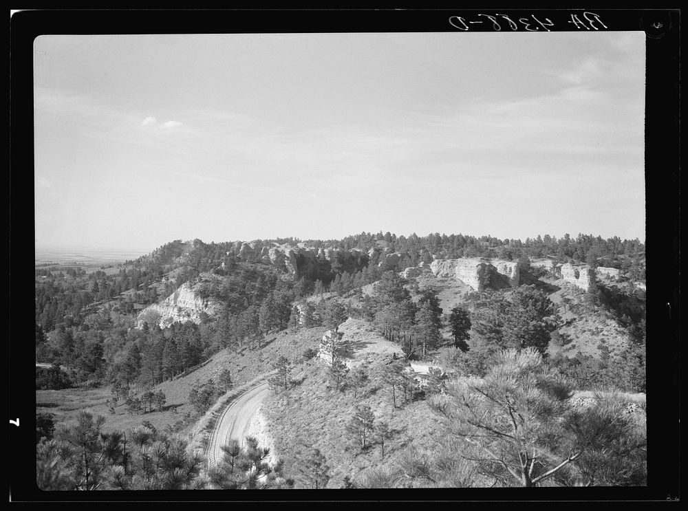 Proposed site for scientific study camp. Ash Creek Canyon, Pine Ridge project, Nebraska. Sourced from the Library of…