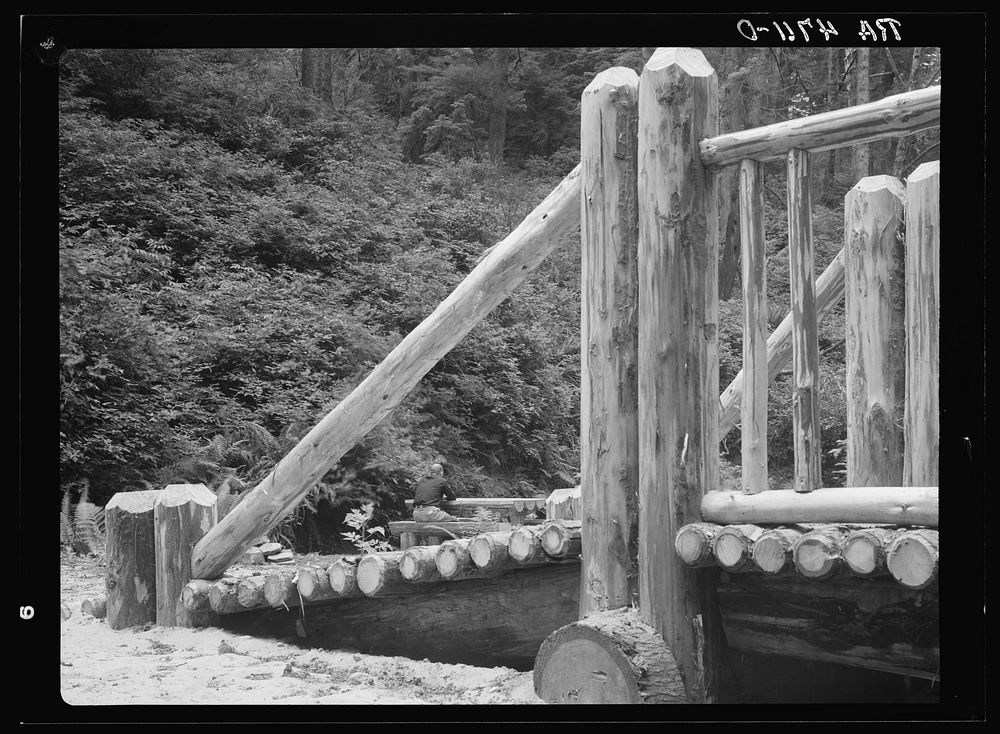 A rustic bridge and picnic table in a secluded clearing. A part of the Resettlement Administration's recreational area.…
