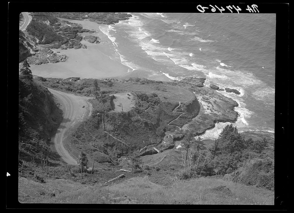 The Devil's Cauldron and the Oregon coast highway, features of the Resettlement Administration's recreation area which…
