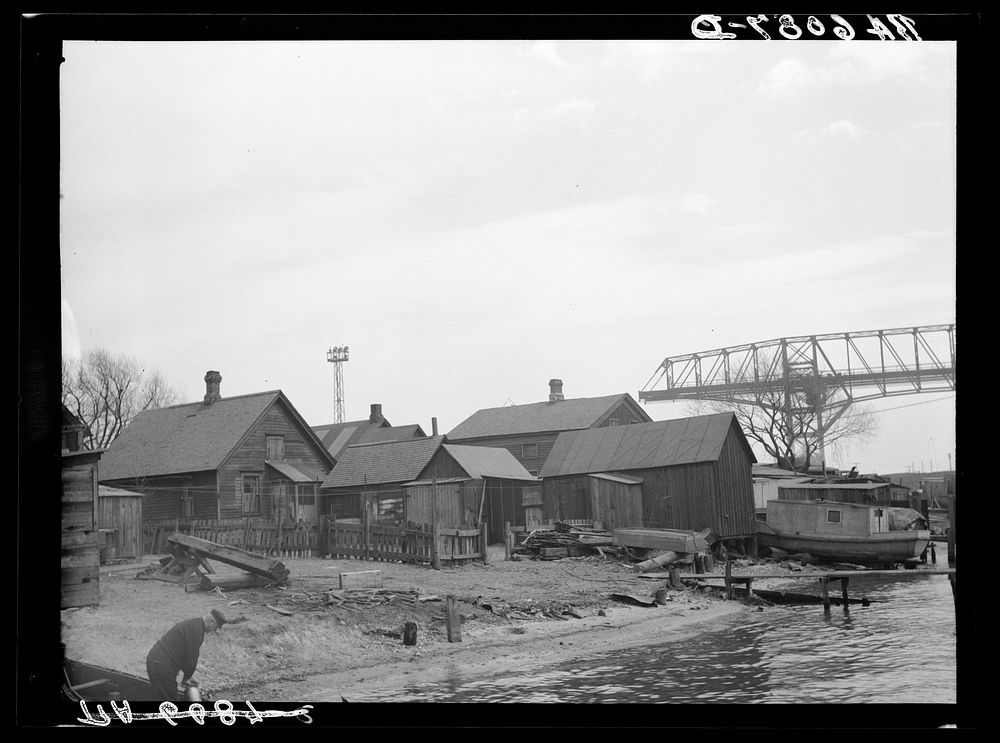 Group of fishing shacks. Jones Island. Milwaukee, Wisconsin. Sourced from the Library of Congress.