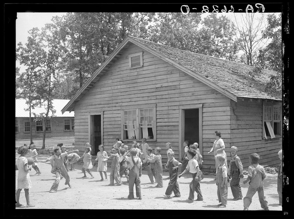 Schoolhouse and school scene at the Skyline Farms near Scottsboro, Alabama. Sourced from the Library of Congress.