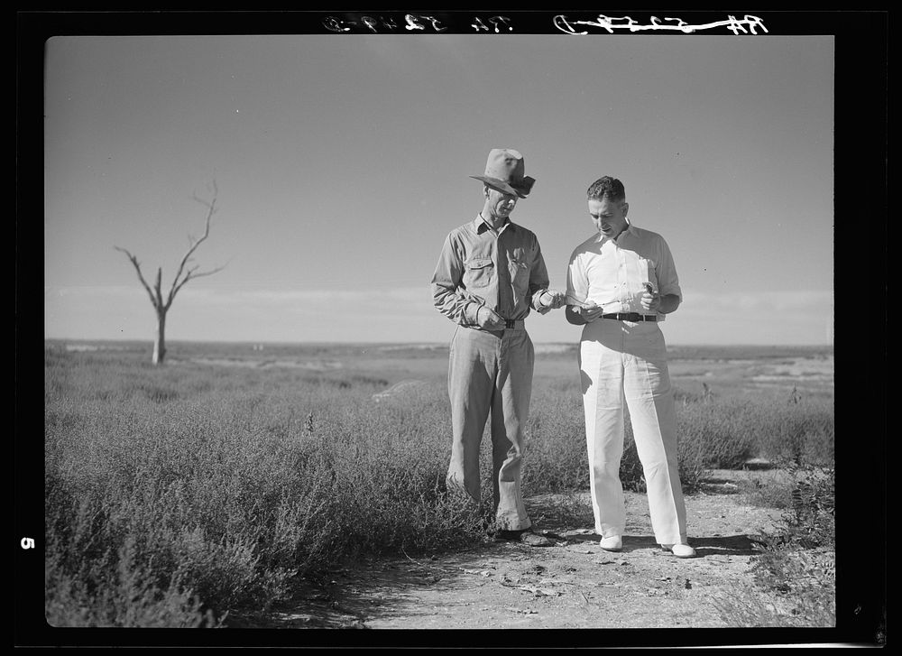 Dr. Tugwell and farmer of dust bowl area in Texas Panhandle. President's report. Sourced from the Library of Congress.