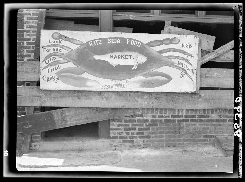 Seafood sign. Baltimore, Maryland. Sourced from the Library of Congress.