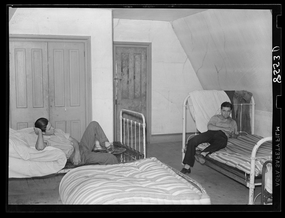 Bedroom in house occupied by thirty-five to forty people at King's Farm near Morrisville, Pennsylvania. Sourced from the…