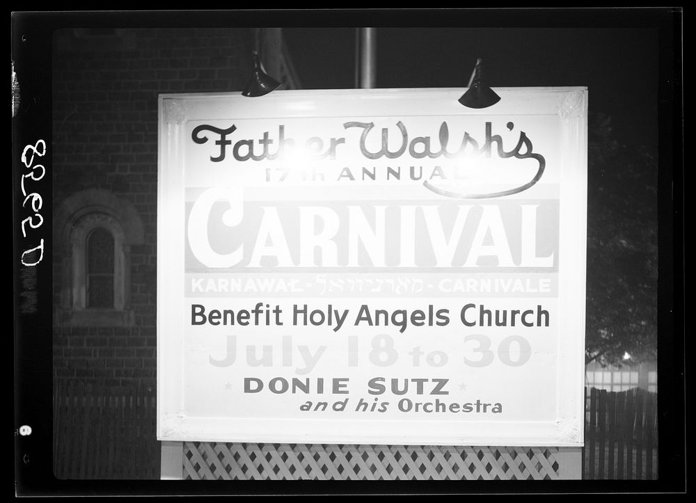 Sign at Father Walsh's carnival. Trenton, New Jersey. Sourced from the Library of Congress.