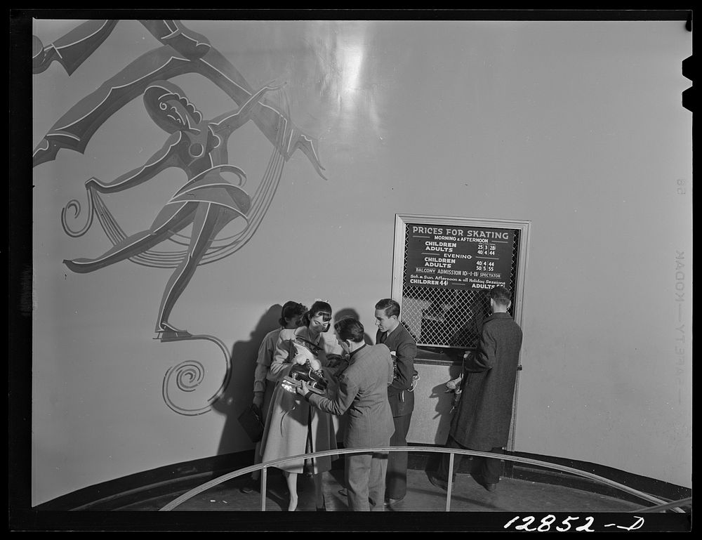 Chevy Chase Ice Palace, Washington. D.C. Skaters purchasing tickets before entering ballroom. Sourced from the Library of…