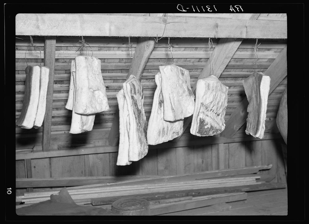 A homesteader's supply of pork, butchered and cured by himself on the Arthurdale project. Reedsville, West Virginia. Sourced…