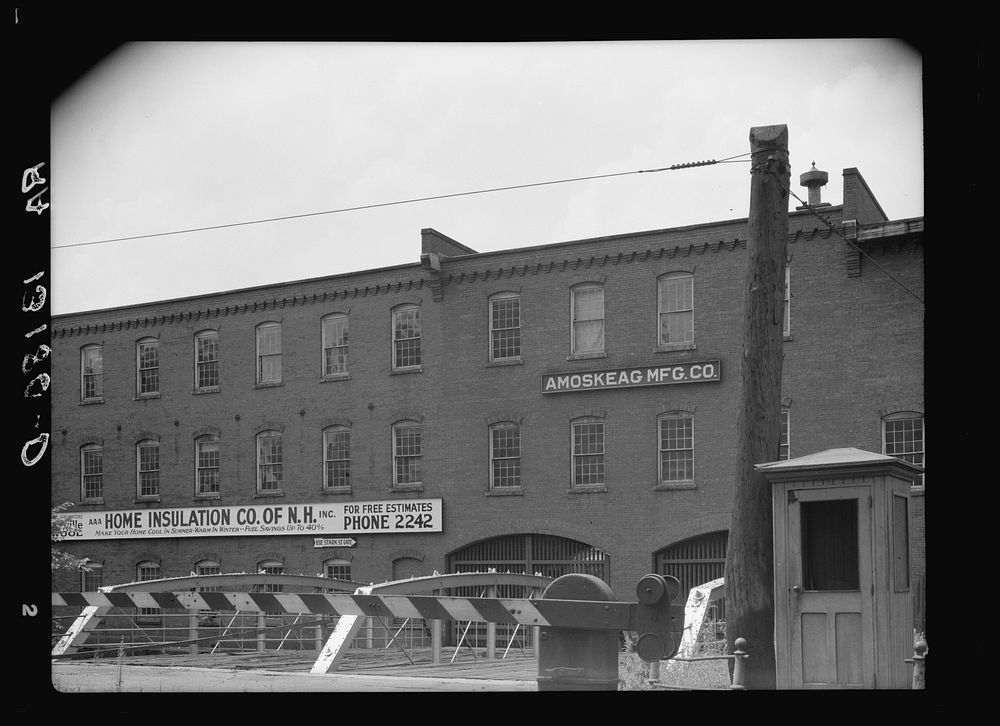 Sign showing some of the present uses of products of Amoskeag mills. Manchester, New Hampshire. Sourced from the Library of…