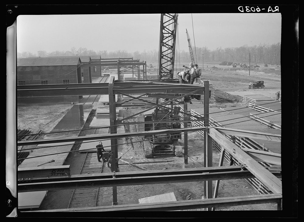 Hightstown, New Jersey. View of metal sheds and slab platforms. These will be used in the manufacture of concrete slabs to…