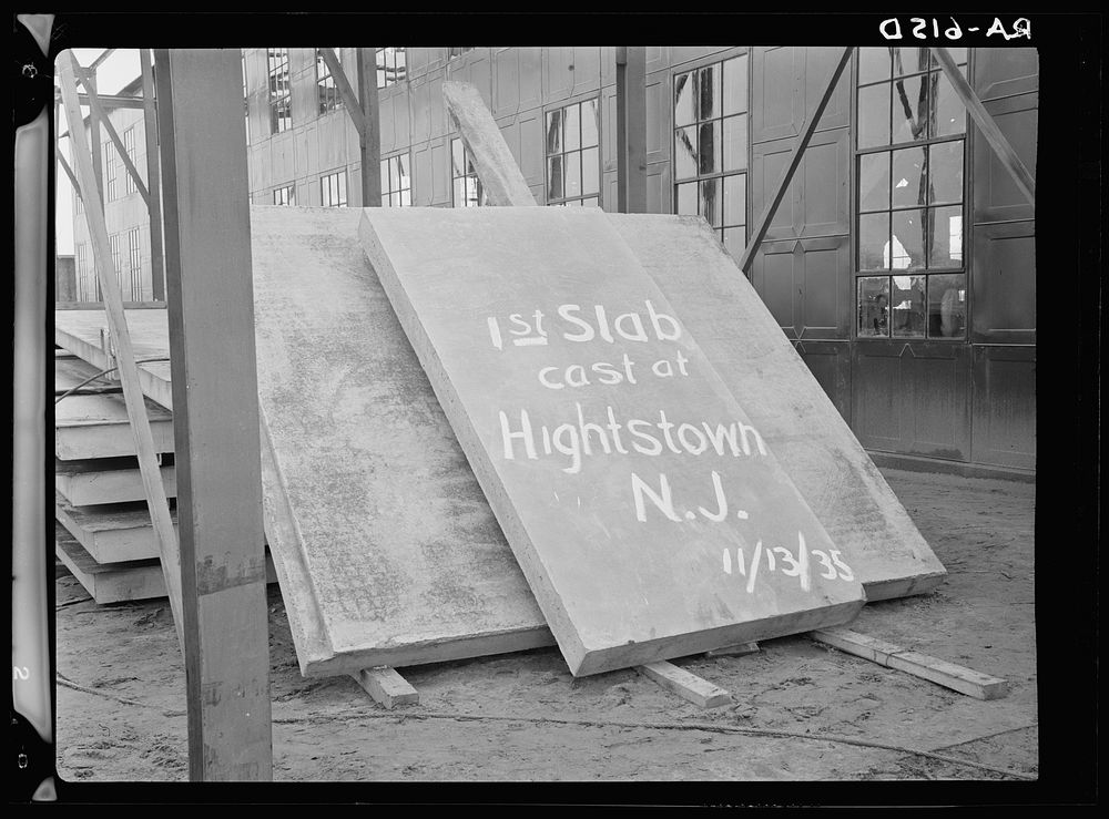 Hightstown, New Jersey. First concrete slab cast at Jersey Homesteads, a U.S. Resettlement Administration subsistence…