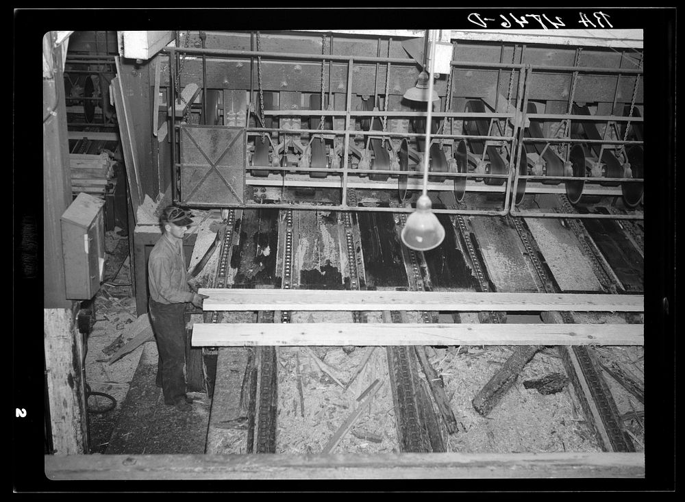 [Untitled photo, possibly related to: Sawmill worker. Longview, Washington]. Sourced from the Library of Congress.