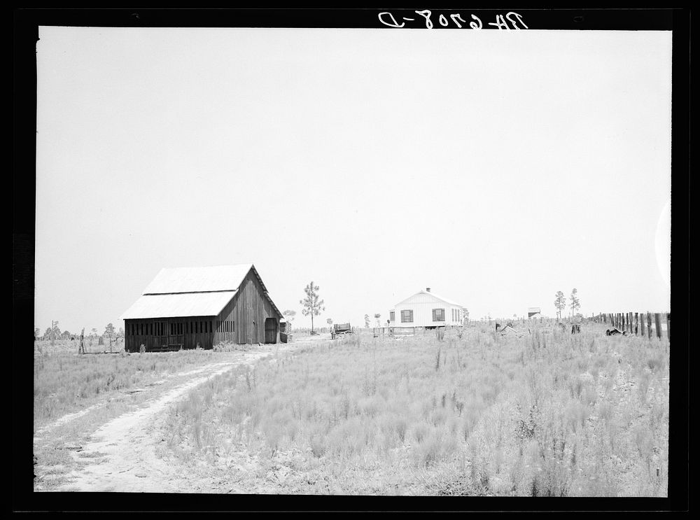 [Untitled photo, possibly related to: "Bryan" barn on rural resettlement farm unit in Irwinville Farms, Georgia. This barn…