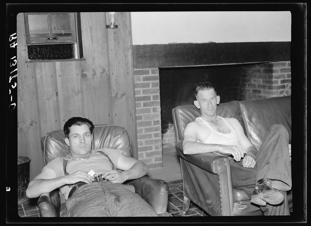 [Untitled photo, possibly related to: Truck drivers resting in lounge at Amity Hall, Pennsylvania. Truckers' facilities at…