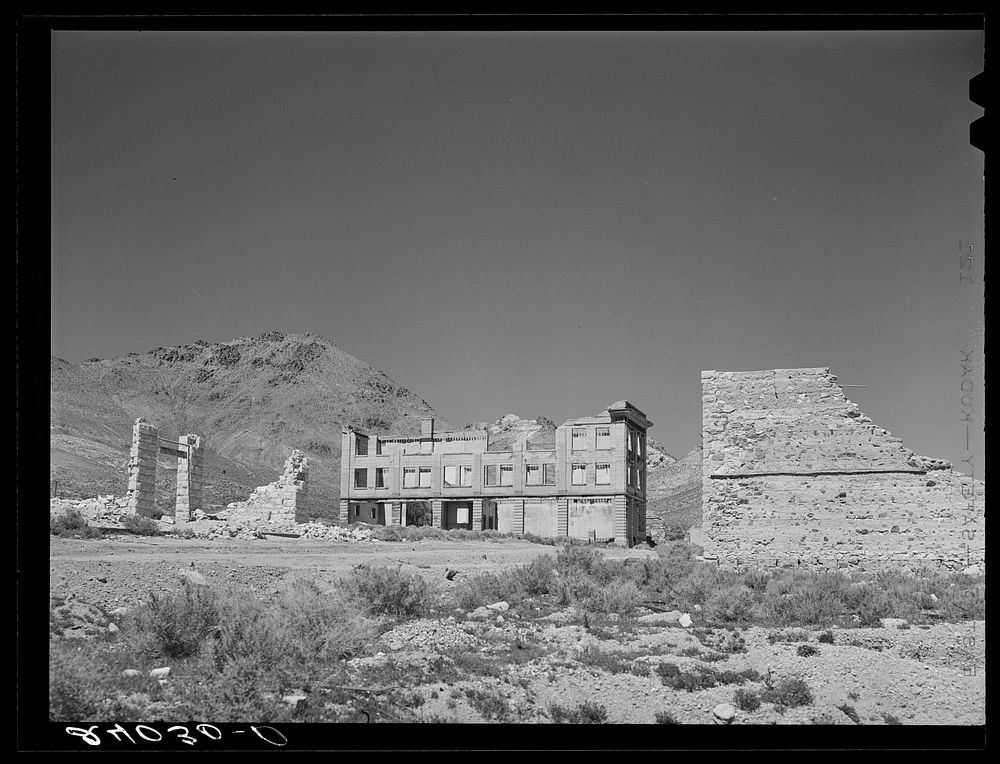 [Untitled photo, possibly related to: Ruins of buildings in ghost mining town. Rhyolite, Nevada]. Sourced from the Library…