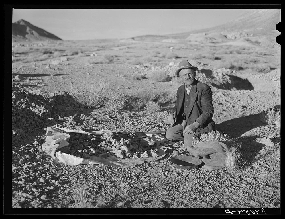 [Untitled photo, possibly related to: Rocky Mountain George, old prospector, born in badlands of Wyoming. Esmeralda County…