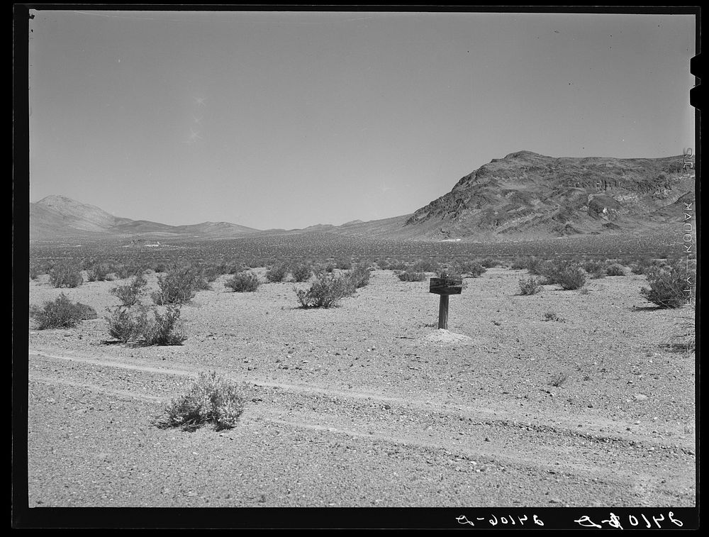 Signpost on desert. Nye County, Nevada. Sourced from the Library of Congress.