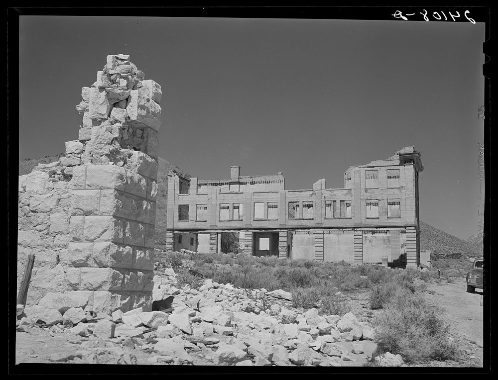 Ruins of buildings in ghost mining town. Rhyolite, Nevada. Sourced from the Library of Congress.