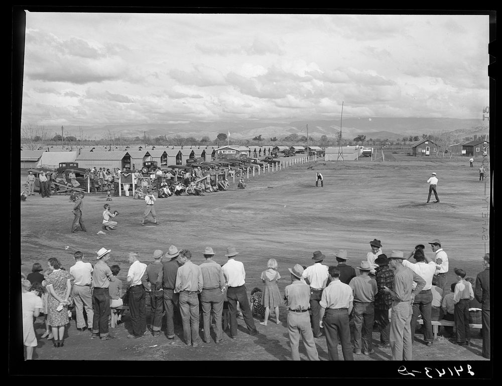 Baseball game. Tulare migrant camp. Visalia, California. Sourced from the Library of Congress.