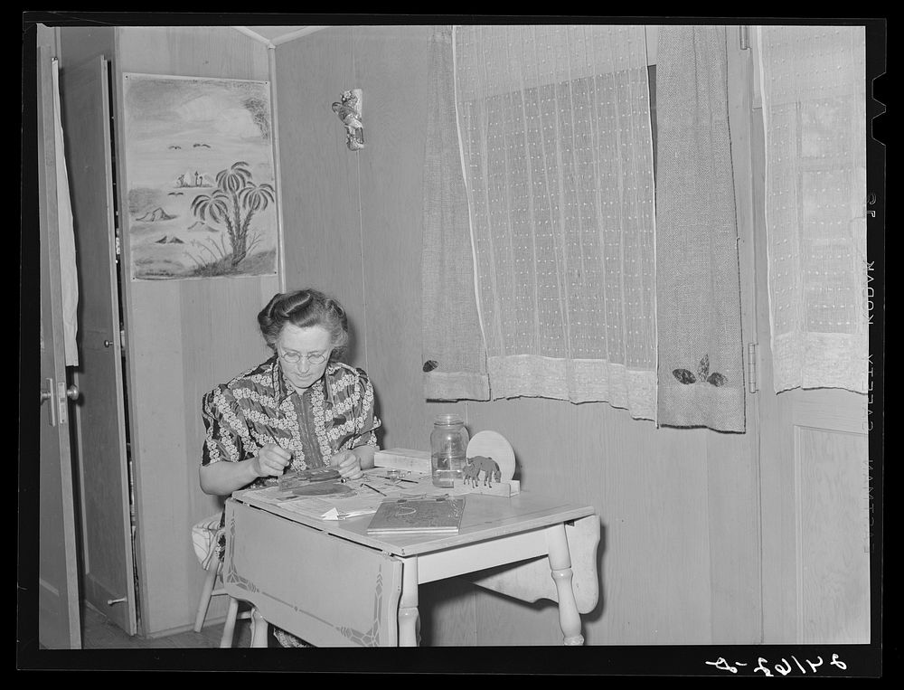 Interior of labor home showing handicraft work. Tulare migrant camp.  Visalia, California. Sourced from the Library of…