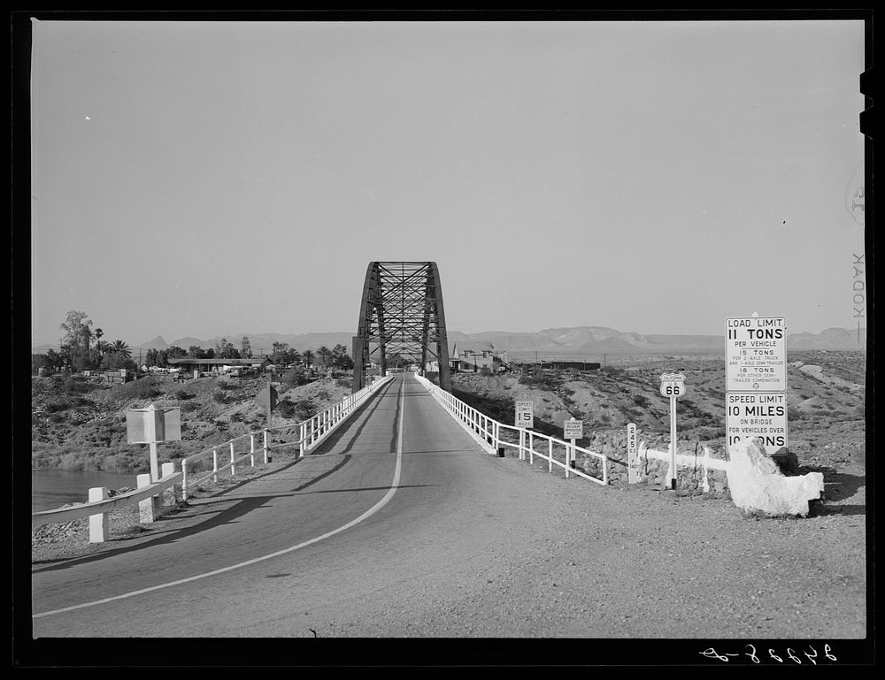 Bridge. State line. California -- Arizona. Sourced from the Library of Congress.