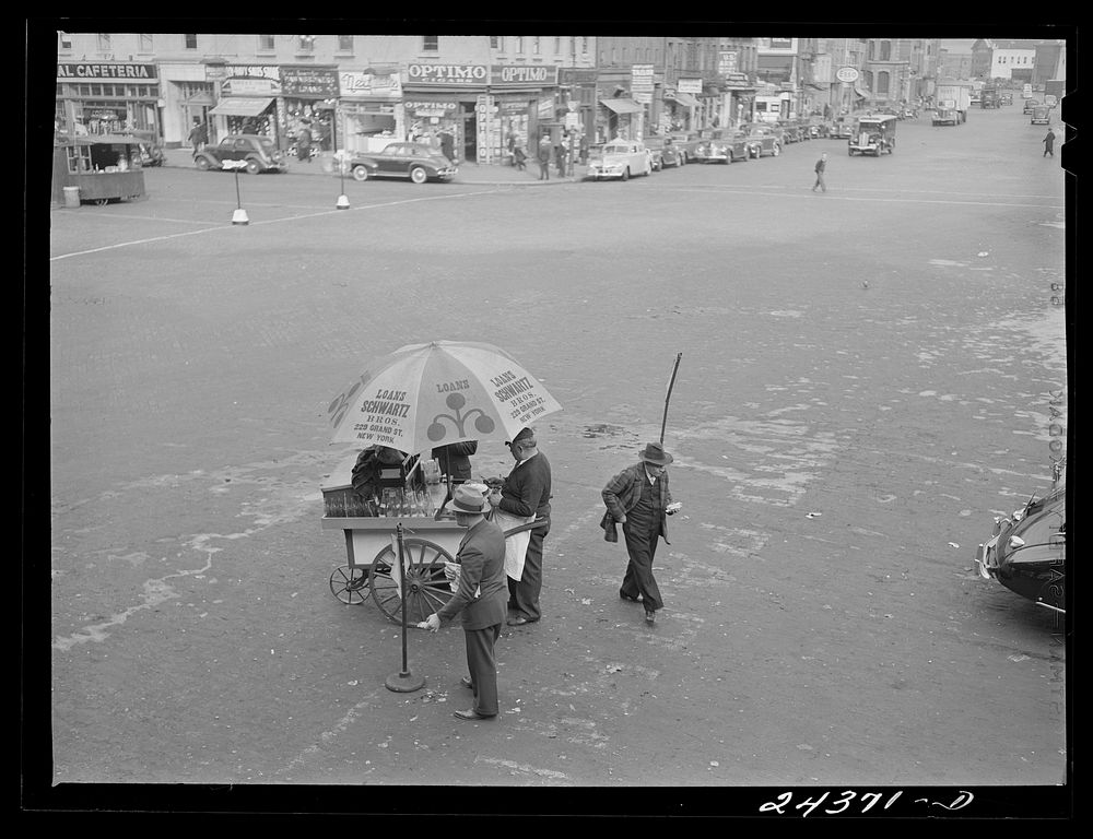 Hot dog vendor. Lower Broadway. New York City. Sourced from the Library of Congress.