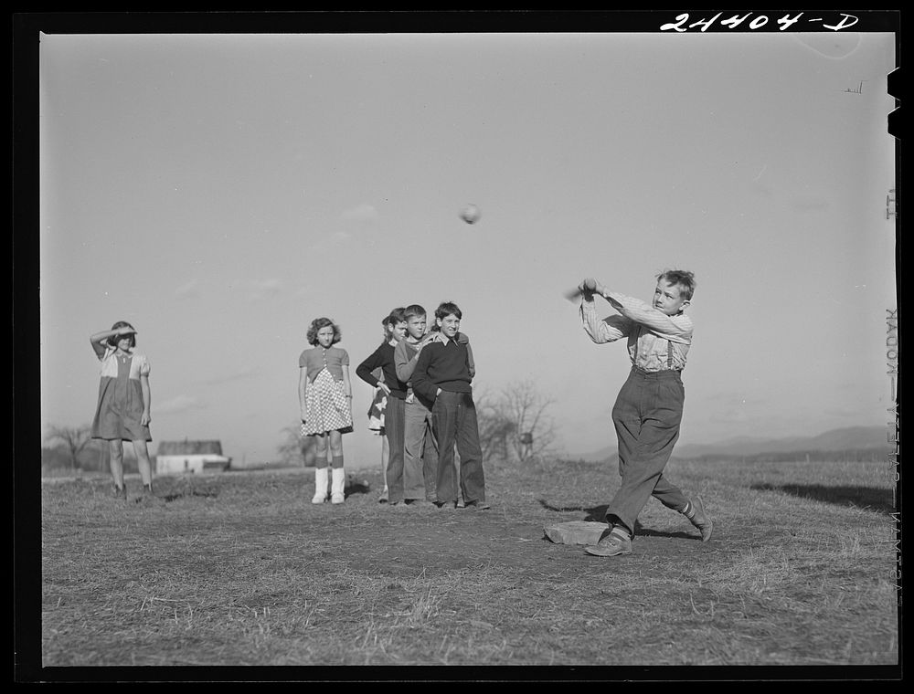 Baseball game during afternoon play period, homestead school. Dailey, West Virginia. Sourced from the Library of Congress.