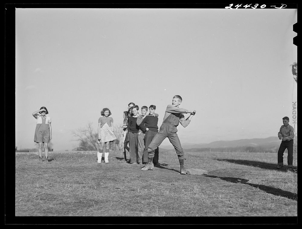 Baseball game, schoolyard, homestead school. Dailey, West Virginia. Sourced from the Library of Congress.