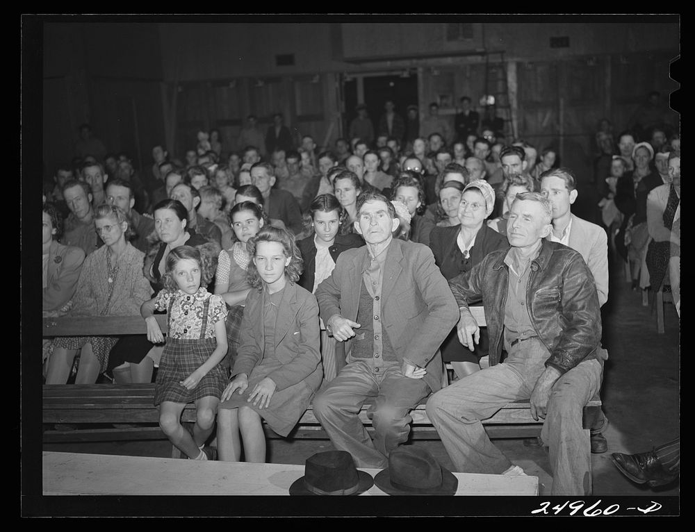 Weslaco, Texas. Camp meeting. FSA (Farm Security Administration) farm workers' camp. Sourced from the Library of Congress.