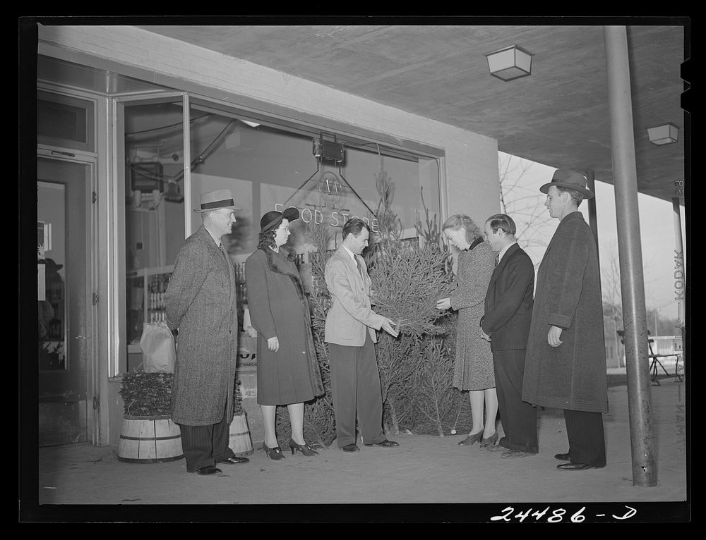 Buying Christmas trees in shopping district of Greenbelt, Maryland. Sourced from the Library of Congress.