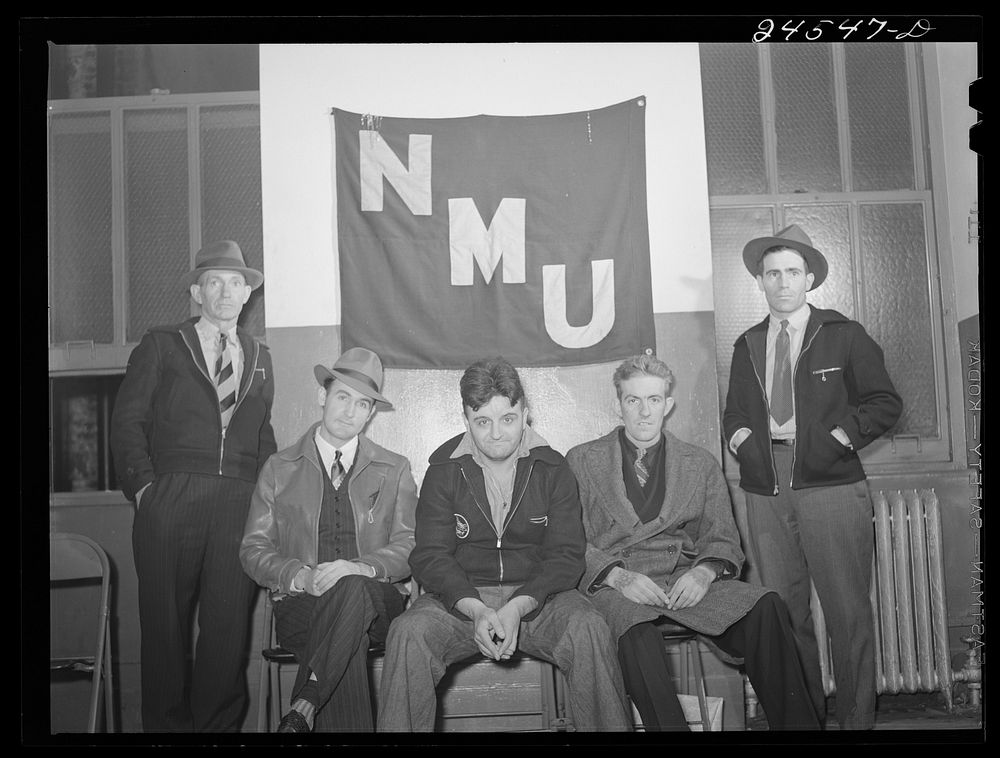 Seamen in hiring hall, National Maritime Union. New York City, New York. Sourced from the Library of Congress.