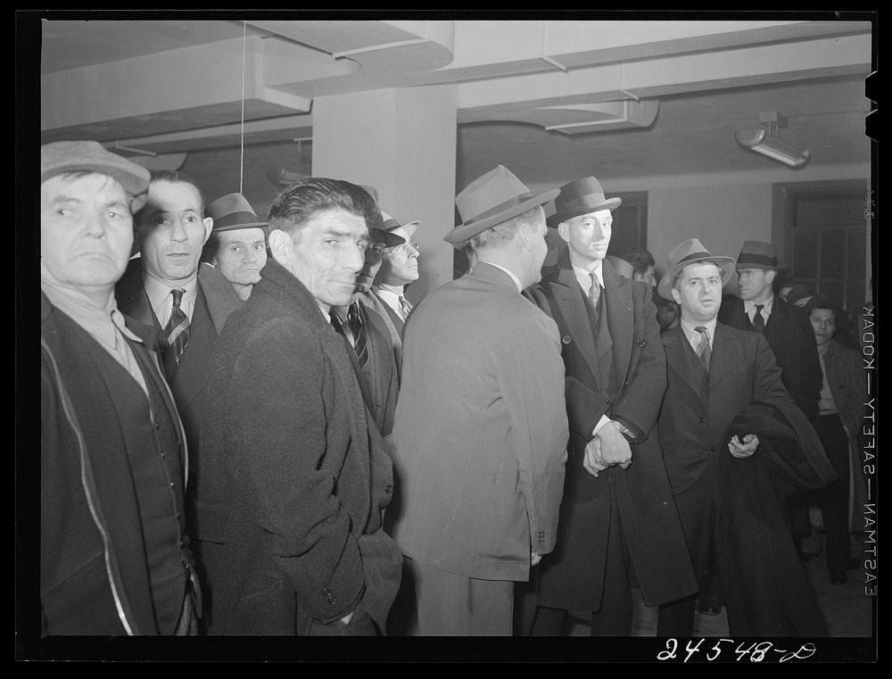 Seamen in hiring hall, New York City. Sourced from the Library of Congress.