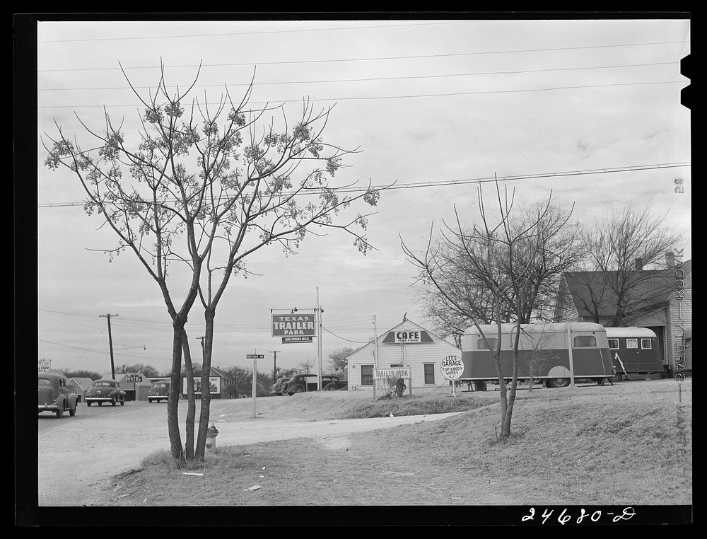 U.S. Highway 80, Texas, between Fort Worth and Dallas. Trailer park. Sourced from the Library of Congress.