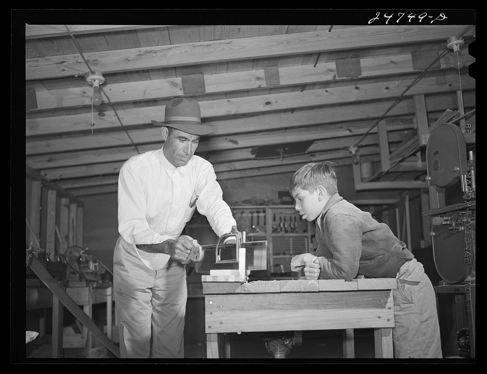 Woodworking at FSA (Farm Security Administration) camp. Robstown, Texas. Sourced from the Library of Congress.
