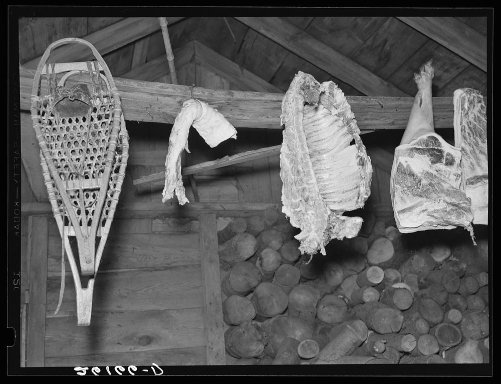 Meat in woodshed of Hugh Trumbull's farm. Oswego County, New York. Sourced from the Library of Congress.