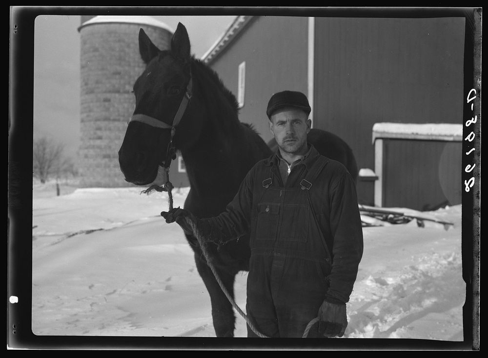 William Wallace with horse supplied by FSA (Farm Security Administration). Near Pulaski, New York. Oswego County, New York.…