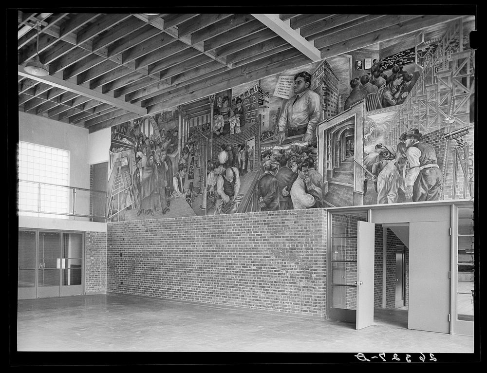 Mural painted by Ben Shahn at the community building. Hightstown, New Jersey. Sourced from the Library of Congress.